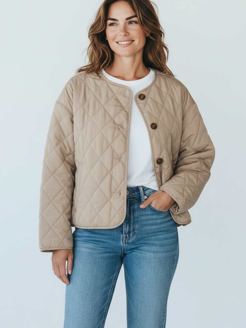 RW&CO. Quilted Bomber Jacket in Beige